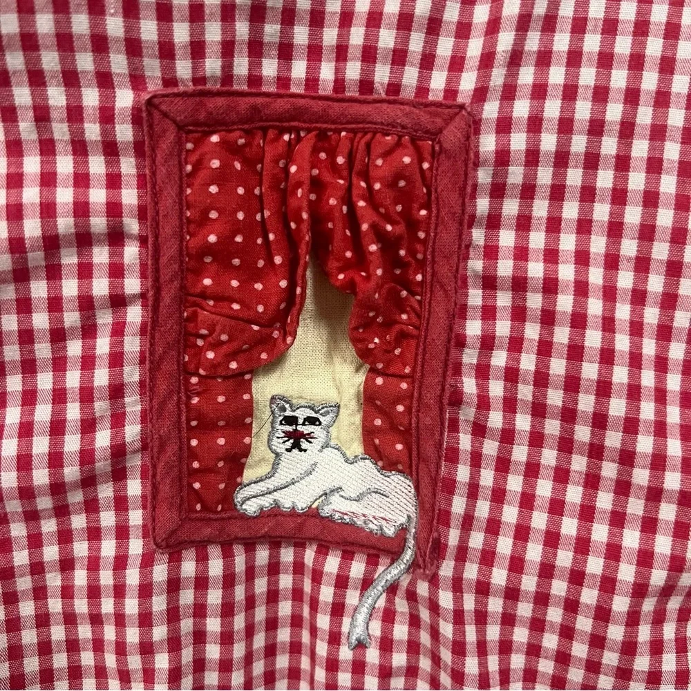 VTG 90s Casey Max Gingham Plaid Embroidered Cat Garden Shirt Red Windows Medium - Picture 2 of 9
